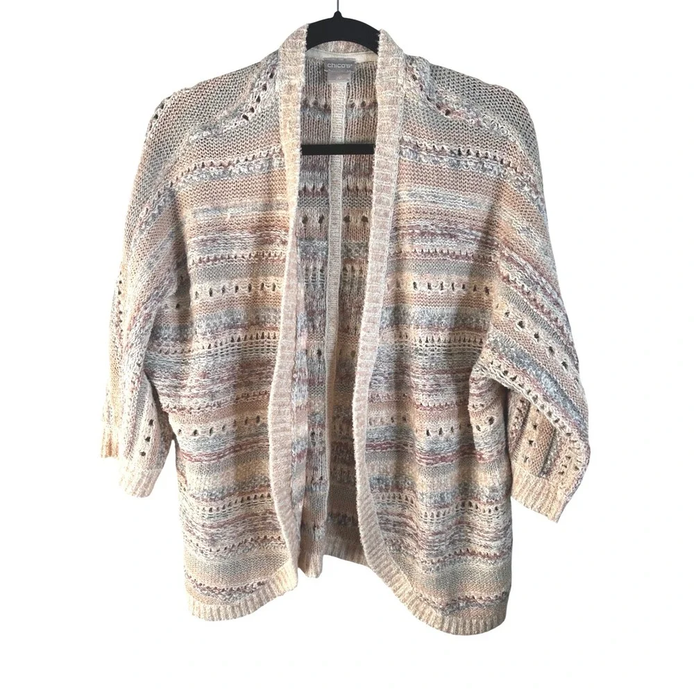 Chico's Multi Color Metallic Pointelle Open Front Cardigan‎ Sweater Size 2P